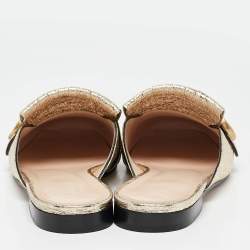 Pre Owned Gucci Gold Crackle Leather GG Marmont Fringe Flat Mules Size 37.5
