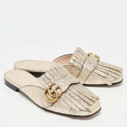 Pre Owned Gucci Gold Crackle Leather GG Marmont Fringe Flat Mules Size 37.5
