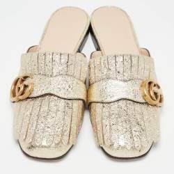 Pre Owned Gucci Gold Crackle Leather GG Marmont Fringe Flat Mules Size 37.5