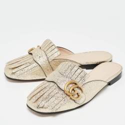 Pre Owned Gucci Gold Crackle Leather GG Marmont Fringe Flat Mules Size 37.5