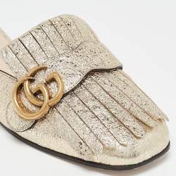Pre Owned Gucci Gold Crackle Leather GG Marmont Fringe Flat Mules Size 37.5