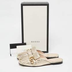 Pre Owned Gucci Gold Crackle Leather GG Marmont Fringe Flat Mules Size 37.5