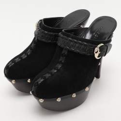 Gucci Black Leather and Suede Janis Clogs Size 37