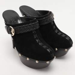 Gucci Black Leather and Suede Janis Clogs Size 37