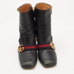Gucci Black Leather Web Ankle Length Boots Size 37.5