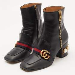 Gucci Black Leather Web Ankle Length Boots Size 37.5