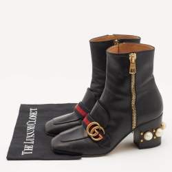 Gucci Black Leather Web Ankle Length Boots Size 37.5