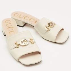 Pre Owned Gucci Off White Leather Zumi Logo Slide Sandals Size 39
