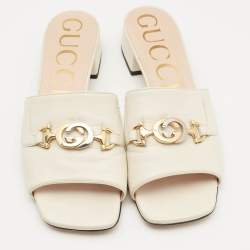 Pre Owned Gucci Off White Leather Zumi Logo Slide Sandals Size 39
