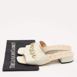 Pre Owned Gucci Off White Leather Zumi Logo Slide Sandals Size 39