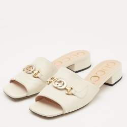Pre Owned Gucci Off White Leather Zumi Logo Slide Sandals Size 39