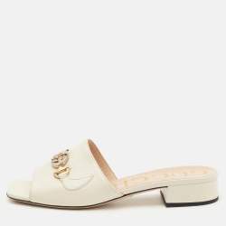 Pre Owned Gucci Off White Leather Zumi Logo Slide Sandals Size 39