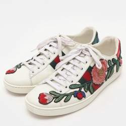Gucci White Leather Ace Floral-Embroidered Web Low Top Sneakers Size 36
