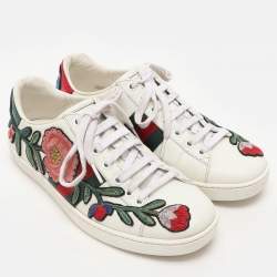 Gucci White Leather Ace Floral-Embroidered Web Low Top Sneakers Size 36