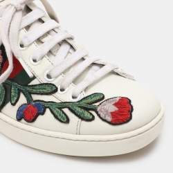 Gucci White Leather Ace Floral-Embroidered Web Low Top Sneakers Size 36