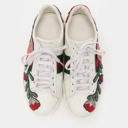 Gucci White Leather Ace Floral-Embroidered Web Low Top Sneakers Size 36