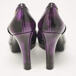 Pre Owned Gucci Purple/Black Leather Brogue Peep Toe Platform Pumps Size 37.5