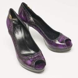Pre Owned Gucci Purple/Black Leather Brogue Peep Toe Platform Pumps Size 37.5