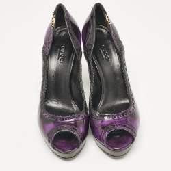 Pre Owned Gucci Purple/Black Leather Brogue Peep Toe Platform Pumps Size 37.5