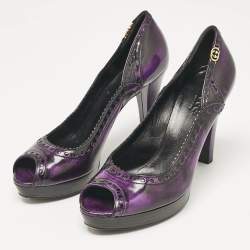 Pre Owned Gucci Purple/Black Leather Brogue Peep Toe Platform Pumps Size 37.5