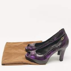 Pre Owned Gucci Purple/Black Leather Brogue Peep Toe Platform Pumps Size 37.5