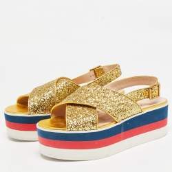 Gucci Gold Glitter Leather Crossover Platform Sandals Size 38