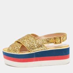 Gucci Gold Glitter Leather Crossover Platform Sandals Size 38