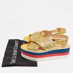 Gucci Gold Glitter Leather Crossover Platform Sandals Size 38