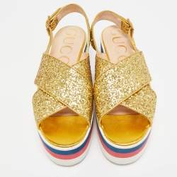 Gucci Gold Glitter Leather Crossover Platform Sandals Size 38