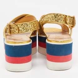 Gucci Gold Glitter Leather Crossover Platform Sandals Size 38
