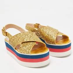 Gucci Gold Glitter Leather Crossover Platform Sandals Size 38