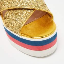 Gucci Gold Glitter Leather Crossover Platform Sandals Size 38