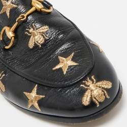 Gucci Black Leather Embroidered Star Bee Horsebit Loafers Size 35