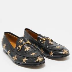 Gucci Black Leather Embroidered Star Bee Horsebit Loafers Size 35