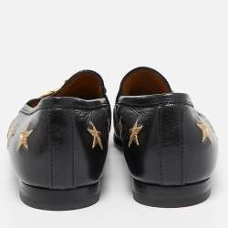 Gucci Black Leather Embroidered Star Bee Horsebit Loafers Size 35
