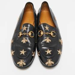 Gucci Black Leather Embroidered Star Bee Horsebit Loafers Size 35