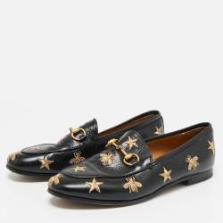 Gucci Black Leather Embroidered Star Bee Horsebit Loafers Size 35