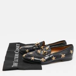Gucci Black Leather Embroidered Star Bee Horsebit Loafers Size 35