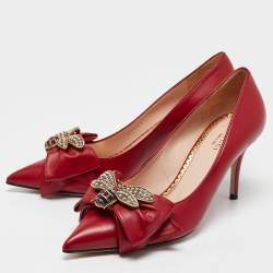 Gucci Red Leather Queen Margaret Bee Bow Pointed Toe Pumps Size 38
