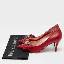 Gucci Red Leather Queen Margaret Bee Bow Pointed Toe Pumps Size 38