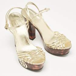 Gucci Gold Leather Platform Ankle Strap Sandals Size 38
