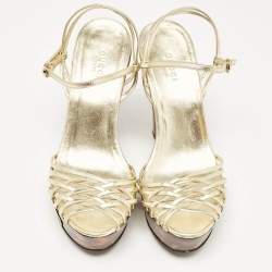 Gucci Gold Leather Platform Ankle Strap Sandals Size 38