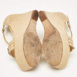 Gucci Beige/Gold Jute and Leather Crystal Embellished Wedge Sandals Size 37.5