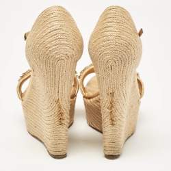 Gucci Beige/Gold Jute and Leather Crystal Embellished Wedge Sandals Size 37.5