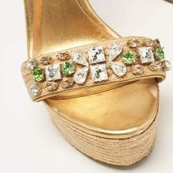 Gucci Beige/Gold Jute and Leather Crystal Embellished Wedge Sandals Size 37.5