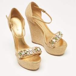 Gucci Beige/Gold Jute and Leather Crystal Embellished Wedge Sandals Size 37.5