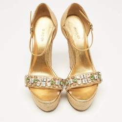 Gucci Beige/Gold Jute and Leather Crystal Embellished Wedge Sandals Size 37.5