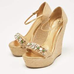 Gucci Beige/Gold Jute and Leather Crystal Embellished Wedge Sandals Size 37.5
