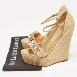 Gucci Beige/Gold Jute and Leather Crystal Embellished Wedge Sandals Size 37.5