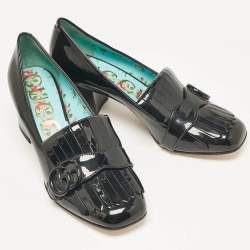 مملوكة مسبقًا Gucci Black Patent Leather Fringe Marmont GG Loafer Pumps Size 37.5